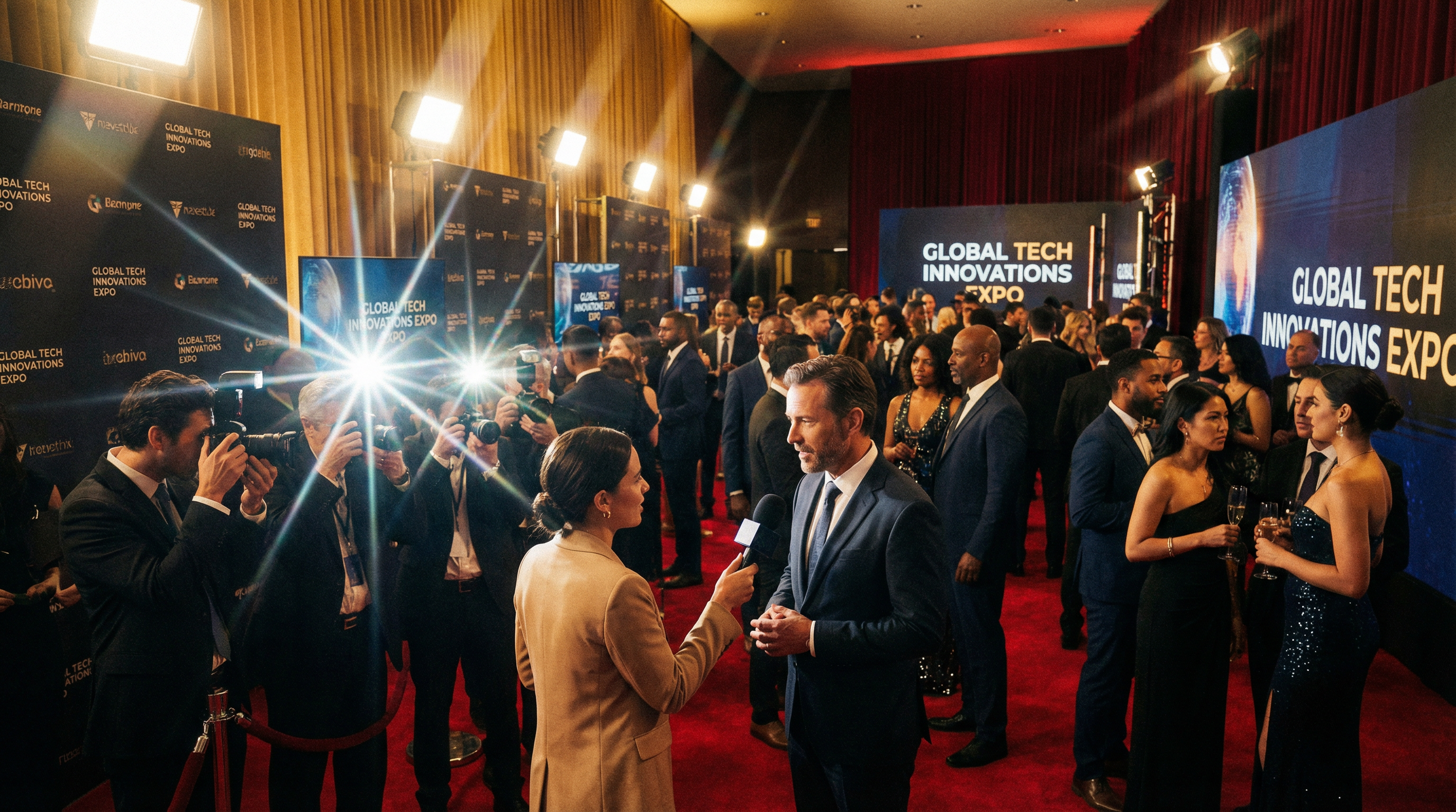 Interview-Szene auf dem roten Teppich einer Messe